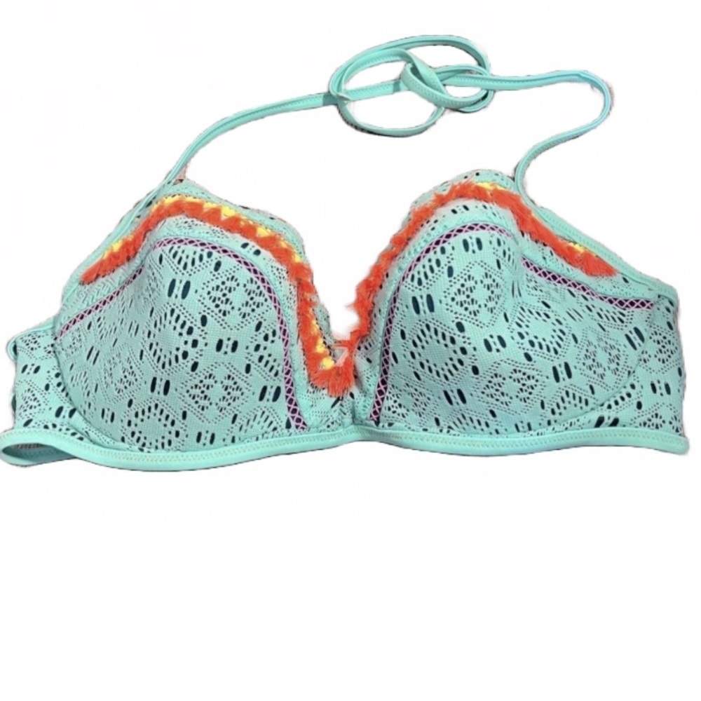 Shade and Shore Swimwear Top Only Lace Festive Neck Tie with Closure Color Mint.